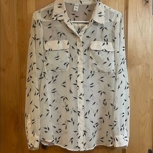 Old Navy Cream Blouse with Black Bird Pattern
